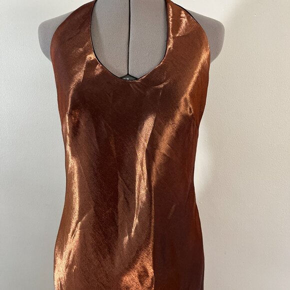 VTG 90's Geometrie Sz 8 Metallic Brown T Back Slinky Maxi Dress - Picture 2 of 9